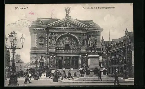 AK Düsseldorf, Kunsthalle mit Bismarckdenkmal