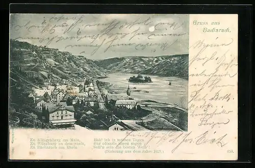 Mondschein-AK Bacharach, Ortsansicht und Rheinpartie aus der Vogelschau