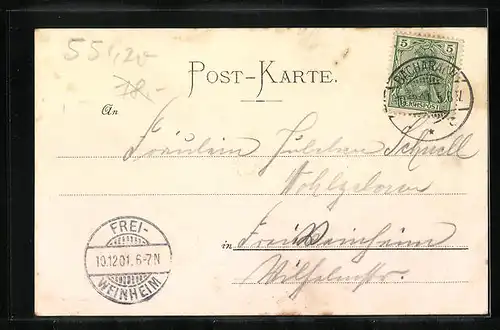 Mondschein-AK Bacharach, Ortsansicht und Rheinpartie aus der Vogelschau