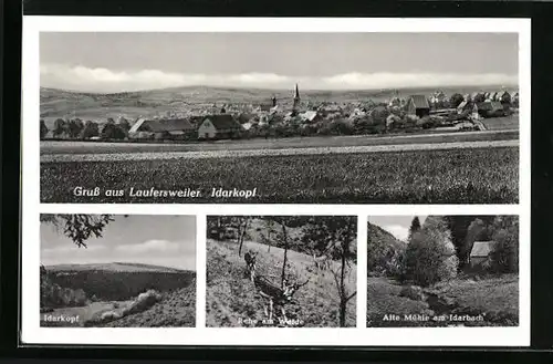 AK Laufersweiler, Ortsansicht mit Idarkopf, Alte Mühle am Idarbach
