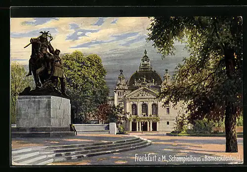 AK Frankfurt a. M., Schauspielhaus und Bismarckdenkmal