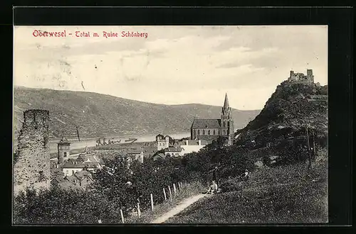 AK Oberwesel, Ortsansicht mit Ruine Schönberg