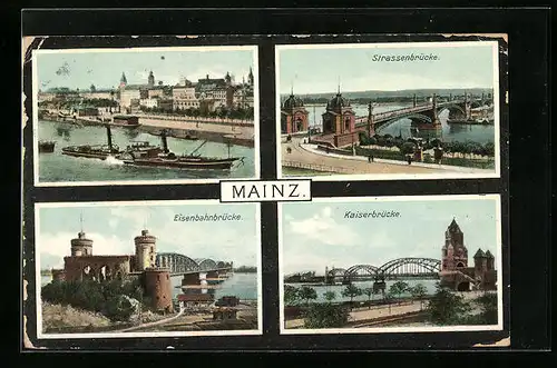 AK Mainz, Strassenbrücke, Eisenbahnbrücke, Kaiserbrücke, Flusspartie mit Dampfer