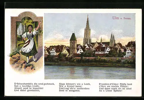 AK Ulm a. D., Panorama, Frau in Tracht