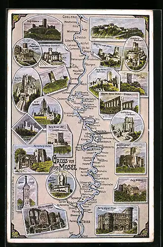 AK Koblenz, Landkarte mit Mosel und angrenzenden Ortschaften und Burgen