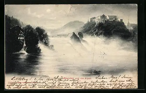 AK Schaffhausen, Rheinfall und die Alpen, Wasserfall