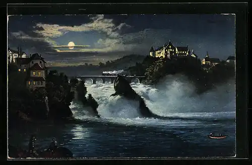 AK Schaffhausen, Rheinfall im Mondschein, Wasserfall