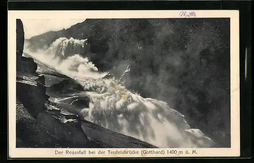 AK Goschenen, Reussfall bei der Teufelsbrücke (Gotthard), Wasserfall