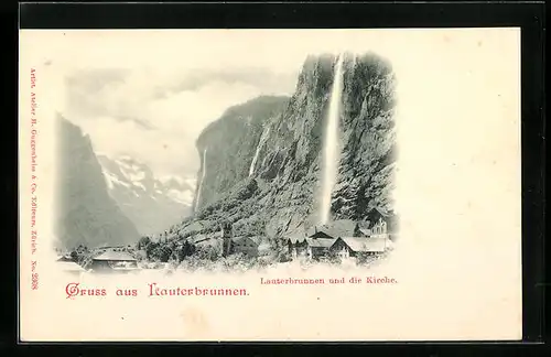 AK Lauterbrunnen, Blick auf Wasserfall, Ort und Kirche