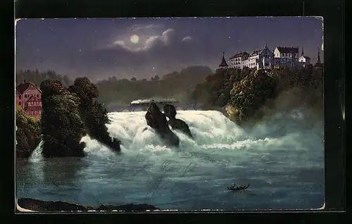 AK Schaffhausen, Rheinfall im Mondschein, Wasserfall