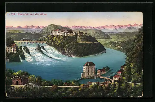 AK Schaffhausen, Rheinfall und die Alpen, Wasserfall