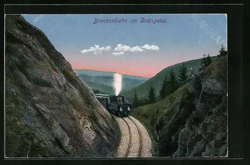 AK Brocken / Harz, Brockenbahn im Drängetal, Bergbahn