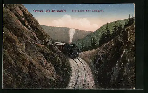 AK Brocken / Harz, Harzquer- und Brockenbahn, Felseinschnitt im Drängetal, Bergbahn