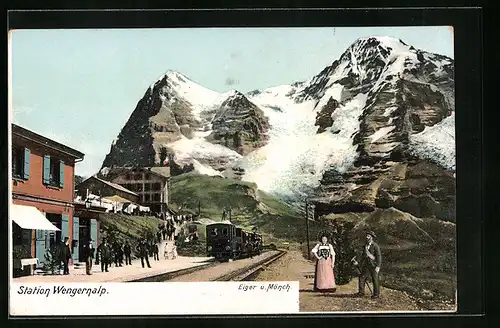 AK Wengernalp, Bergbahn erreicht die Station Wengernalp, Blick auf Eiger und Mönch