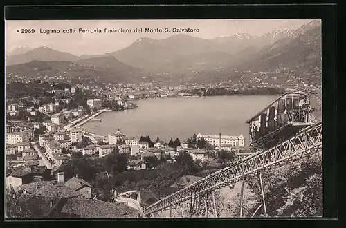 AK Lugano, Lugano colla Ferrovia funicolare del Monte S. Salvatore, Bergbahn