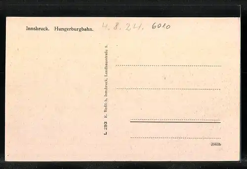 AK Innsbruck, Hungerburgbahn mit Blick auf Brandjoch und Sattelspitzen, Bergbahn