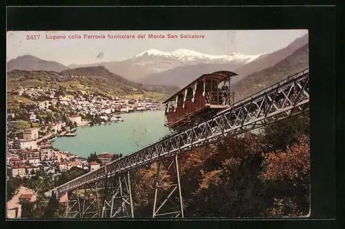 AK Lugano, Lugano colla Ferrovia funicolare del Monte San Salvatore, Bergbahn