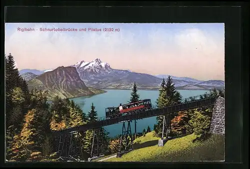 AK Rigi, Rigibahn auf der Schnurtobelbrücke, Blick zum Pilatus, Bergbahn
