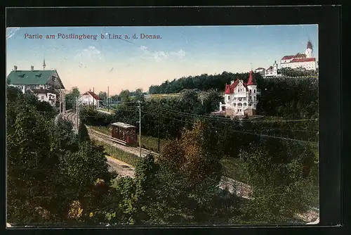 AK Linz a. d. Donau, Partie am Pöstlingberg mit elektrischer Bergbahn