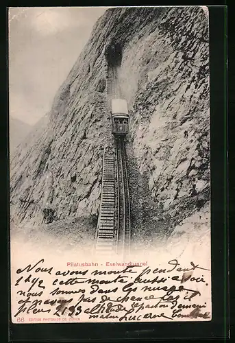 AK Pilatusbahn erreicht den Eselwandtunnel, Bergbahn