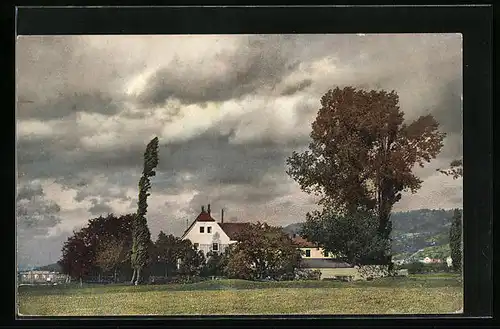Künstler-AK Photochromie Nr. 1748: Dunkle Wolken über dem Dorf