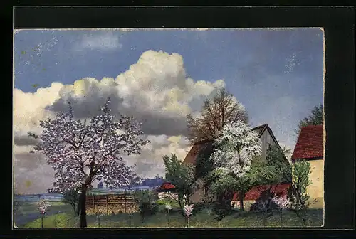 Künstler-AK Photochromie Nr. 4273: Dorfpartie mit blühenden Obstbäumen