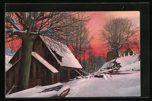 Künstler-AK Photochromie Nr. 3371: Winterliche Dorfpartie im Abendrot