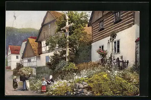 Künstler-AK Photochromie Nr. 1311: Dorfpartie mit blühendem Garten