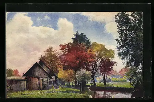 Künstler-AK Photochromie Nr. 4362: Dorfpartie im Herbst