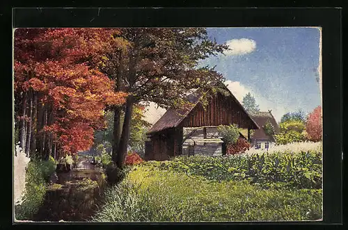 Künstler-AK Photochromie Nr. 4371: Dorfpartie im Herbst