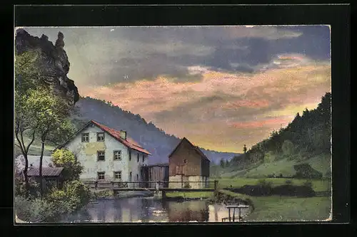 Künstler-AK Photochromie Nr. 4819: Dorfpartie im Abendrot