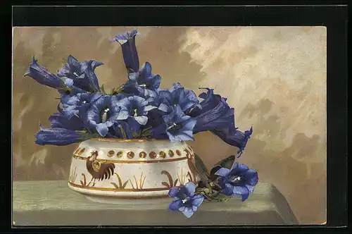 Künstler-AK Photochromie Nr. 736: Krug mit blauen Blüten