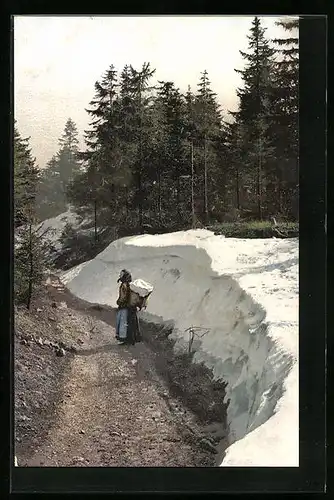 Künstler-AK Photochromie Nr. 1238: Bäuerin auf dem Heimweg mit einem Korb voller Schnee