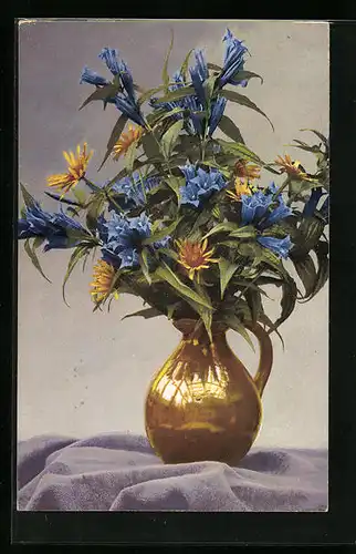 Künstler-AK Photochromie Nr. 748: Blaue und gelbe Blumen in der Vase