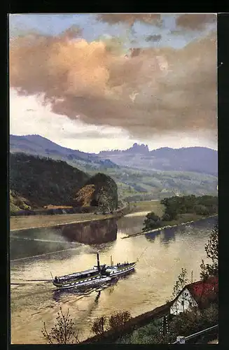 Künstler-AK Photochromie Nr. 3730: Sperlingstein, Flusspartie mit Dampfer, Frühling im Böhm. Mittelgebirge