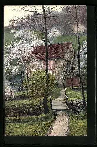 Künstler-AK Photochromie Nr. 1573: Dorfpartie im Frühling