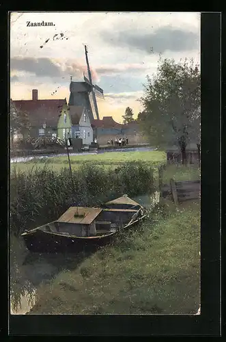 Künstler-AK Photochromie Nr. 1404: Zaandam, Dorfpartie mit Windmühle