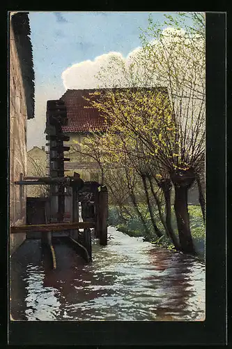 Künstler-AK Photochromie Nr. 1690: Bachlauf mit Mühle