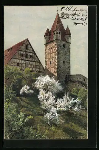 Künstler-AK Photochromie Nr. 1892: Blühende Bäume im Frühling vor einer Burgkulisse