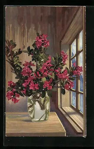 Künstler-AK Photochromie Nr. 750: Rote Blüten in der Vase