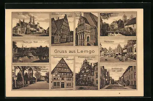 AK Lemgo, das Rathaus, Wallpartie, St. Johannisturm, Schkoss Brake, Marktplatz