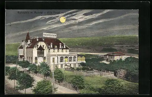 Mondschein-AK Ruhrstein, Ansicht der Villa Hügel, Panoramablick im Ruhrtal