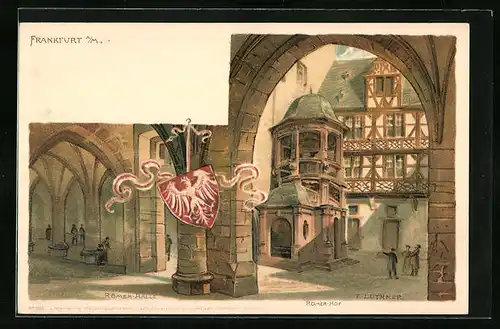 Lithographie Alt-Frankfurt, Römer Halle und Hof, Stadtwappen