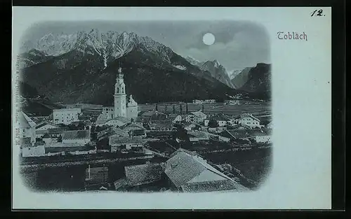 Mondschein-AK Toblach, Gesamtansicht mit Kirche