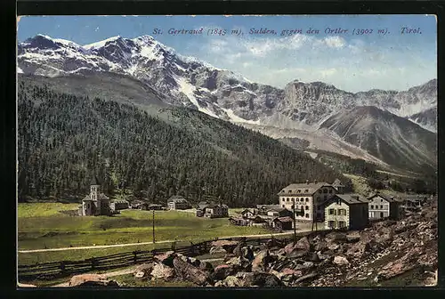 AK St. Gertraud in Sulden, Panorama mit Ortler