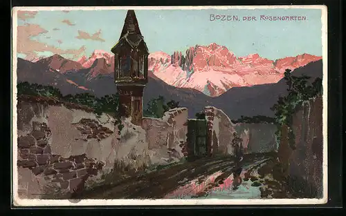 Künstler-AK Bozen, Dame auf der Strasse, Blick auf den Rosengarten