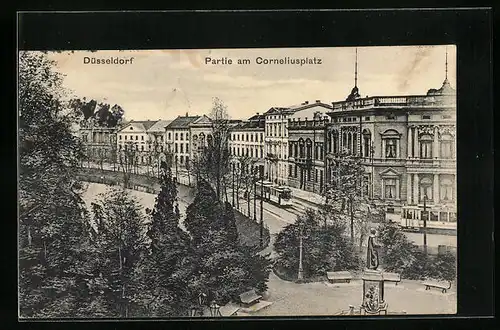 AK Düsseldorf, Partie am Corneliusplatz, Strassenbahn unterwegs