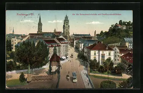 AK Freiburg i. Br., an der Schwabentorbrücke mit Greiffeneckschlösschen, Strassenbahn unterwegs