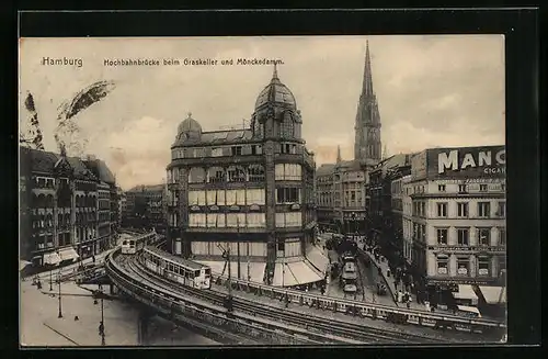 AK Hamburg, Hochbahnbrücke beim Graskeller und Mönckedamm, Strassenbahn auf der Strasse