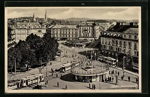 AK Graz, Strassenbahnen und Passanten auf dem Jakominiplatz